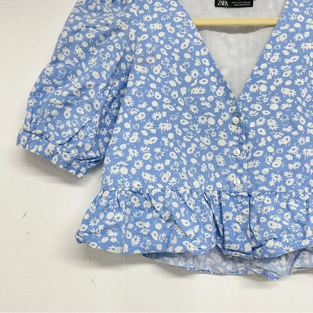 Zara Blue White Ditsy Floral Puff Sleeve Button Down Crop Top Blouse S Ruffled